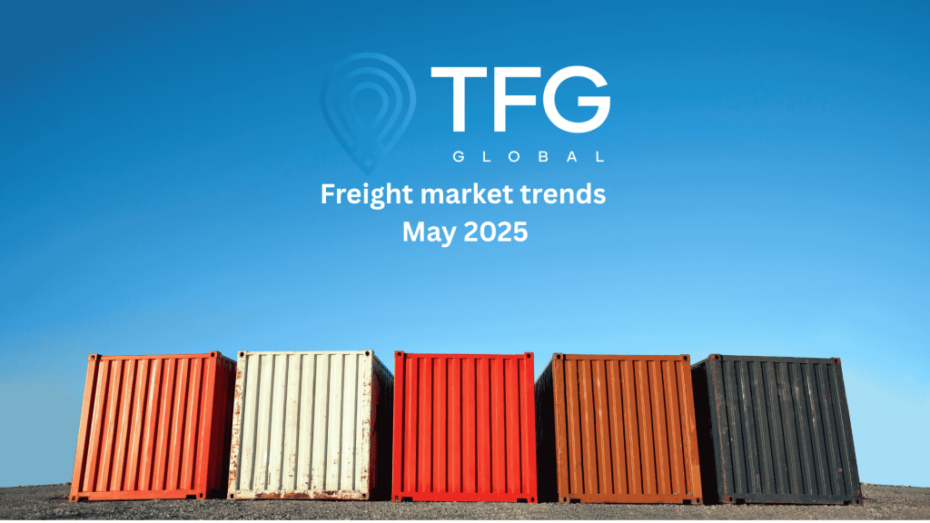 Freight containers at a busy global port in May 2025, illustrating international shipping and logistics trends